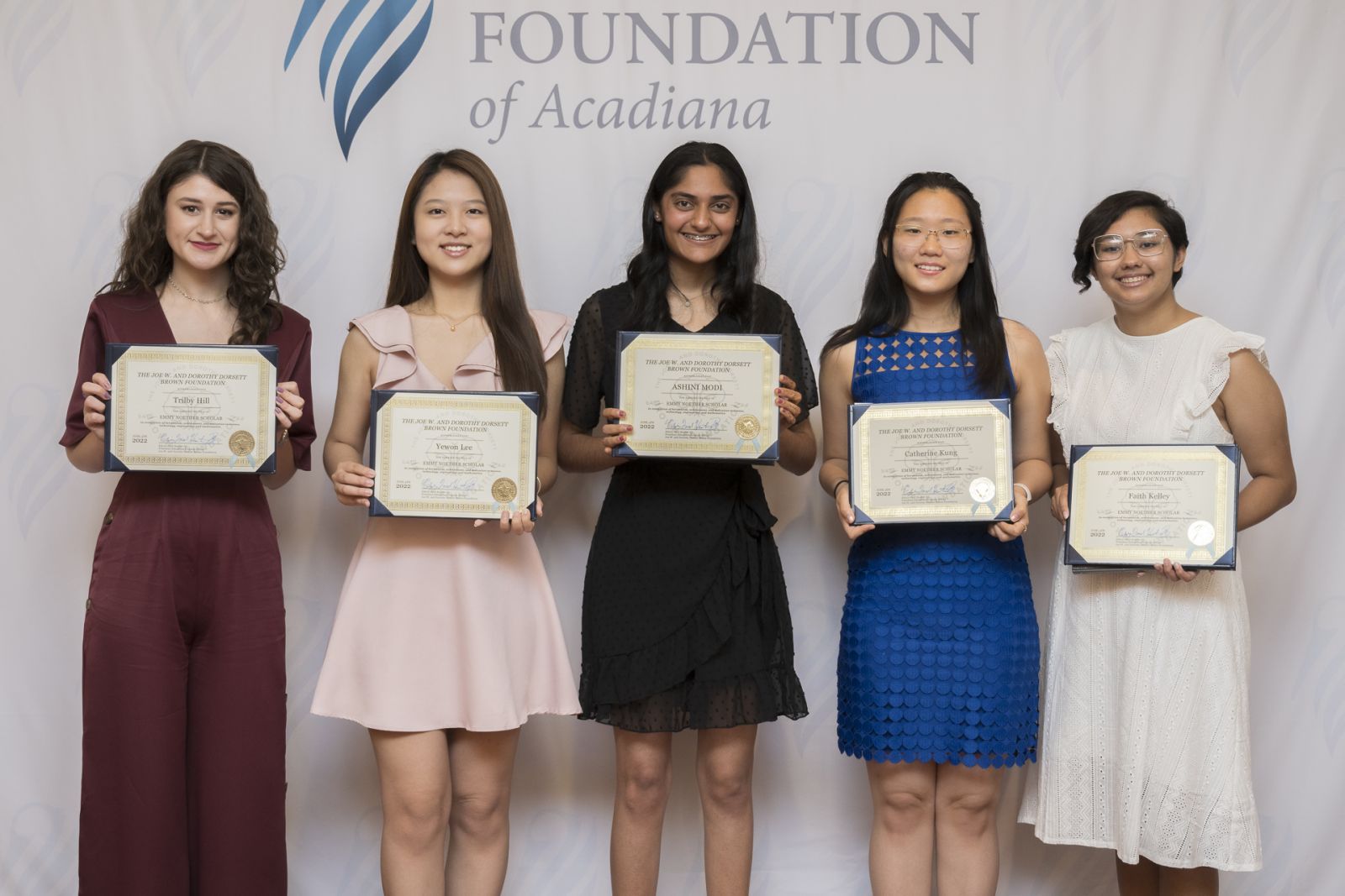 2022 Emmy Noether Scholars from L to R: Trilby Hill, Yewon Lee, Ashini Modi, Catherine Kung, Faith Kelley (Not pictured: Sanjana Mupparaju, Sara Pullen, Sadie Pullen, M. Claire Sykes, Anita Zahiri)